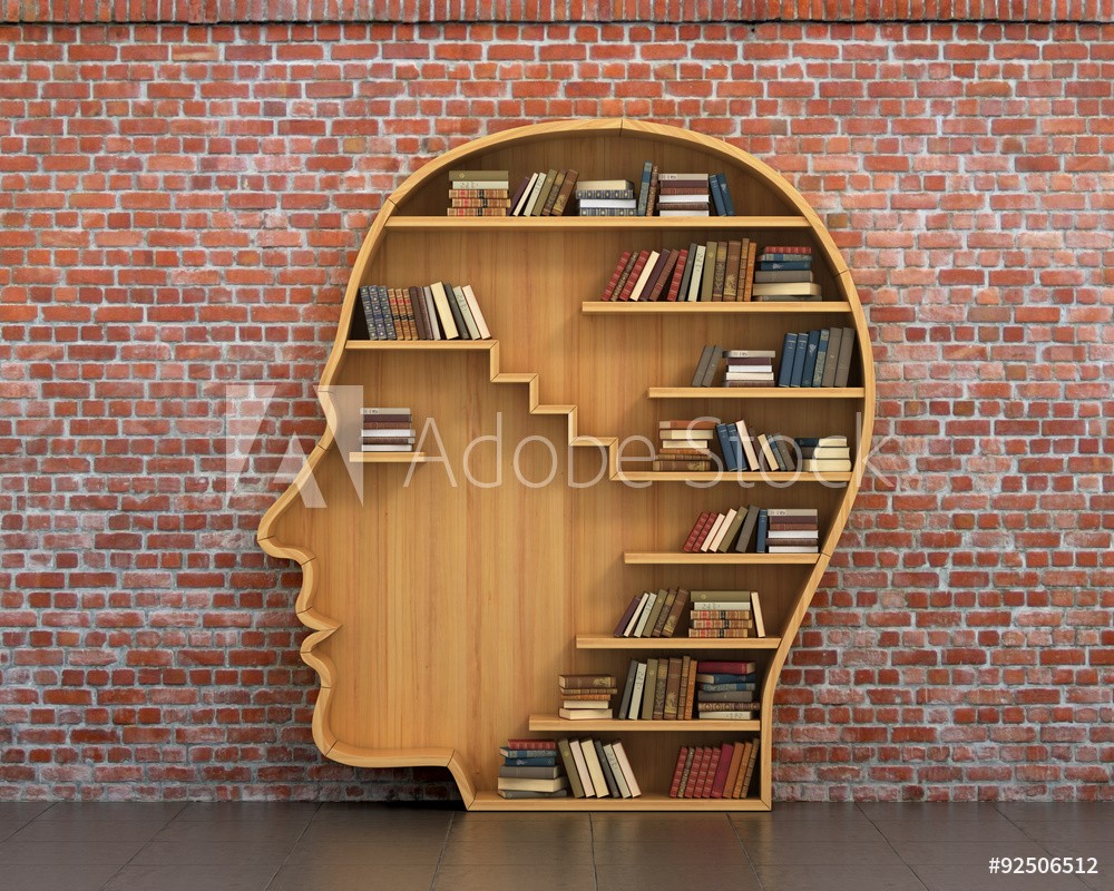 Afbeeldingen van Concept of training Wooden bookshelf full of books in form of m